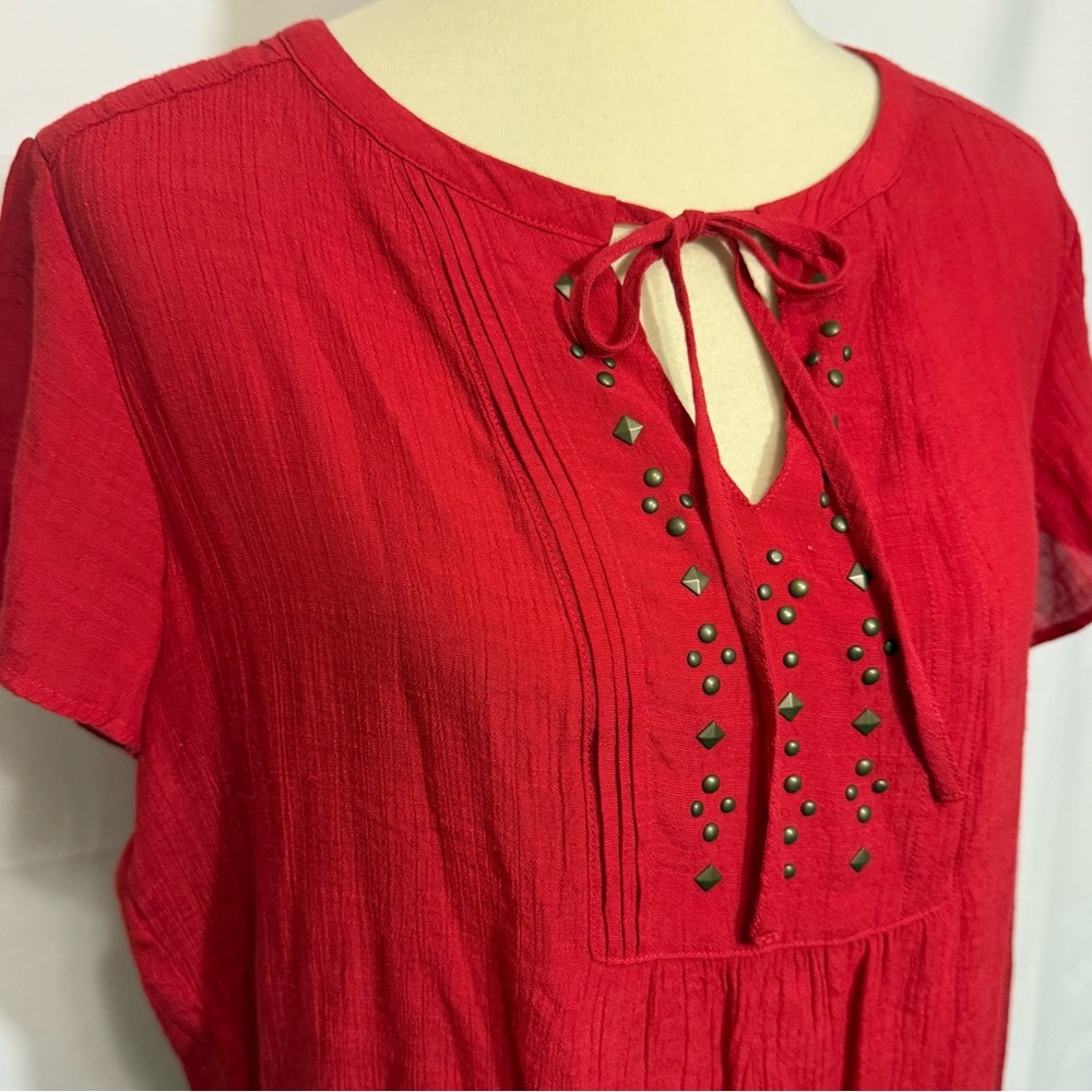 Liz Claiborne Size Large Red Short Sleeve Tie Front Blouse - Picture 6 of 12